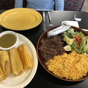 Chicken tamales, barbacoa plate