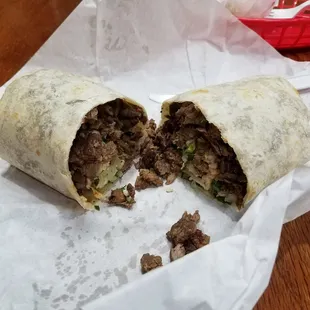 Steak burrito no grease whatsoever &amp; seasoned fabulously