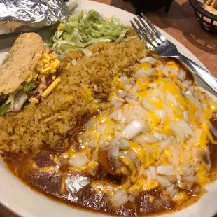 Enchilada with crispy taco and guacamole