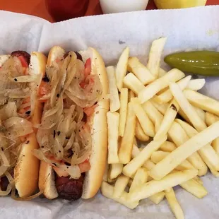 Hotdogs and fries.