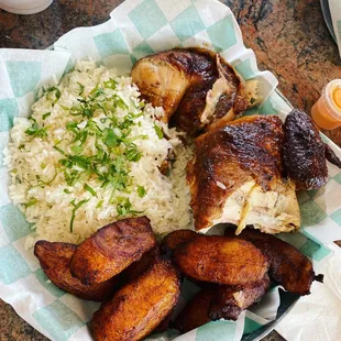 Half 1/2 Chicken with Fried Plantains and Cilantro Infused White Rice