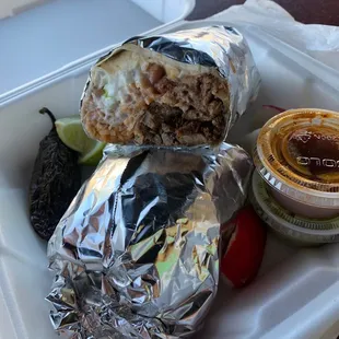 Súper Carne Asada Burrito, cut in half