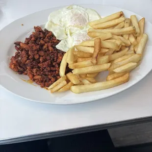 Chorizo, Eggs over easy and Papas