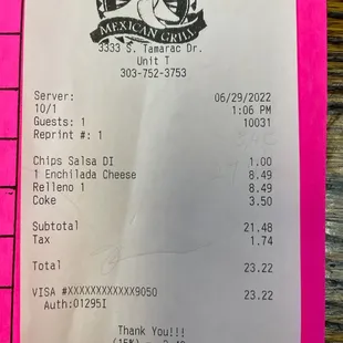 the receipt for the restaurant