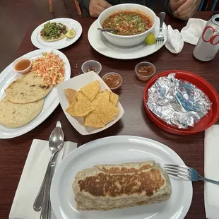 Pupusas, street taco, menudo and burrito.