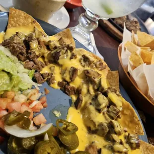 Nachos Beef Fajita de Casadas with charros and jumbo margarita!! The best!