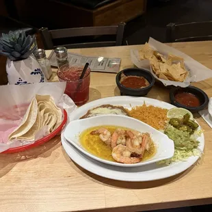 Chips and salsa and bean dip. Ruby, margarita and side tequila shot .  Shrimp mojo de ajo