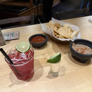 Chips and salsa and bean dip  Ruby, margarita and side tequila shot