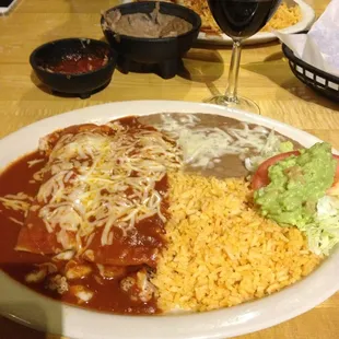 Shrimp Enchiladas rice and beans yummm