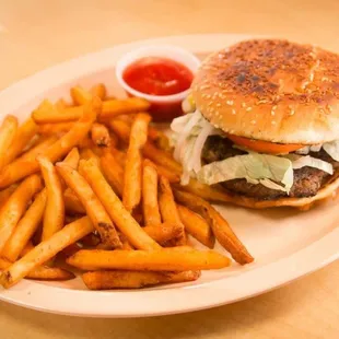 a hamburger and french fries