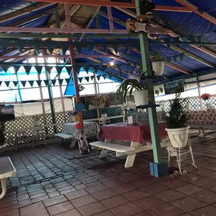 tables and benches under a tent