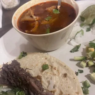 Special: 3 barbacoa tacos with a side cup of menudo