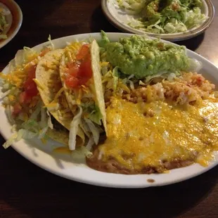 Taco Plate with beans, rice, and side of guacamole