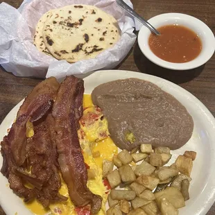 Chilaquiles with Cheese and a side of Bacon