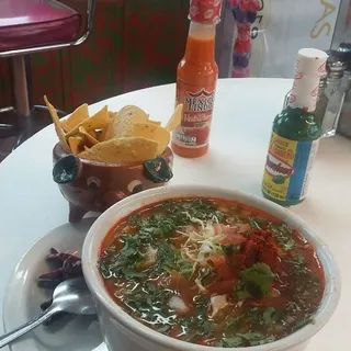 Pozole de puerco. Hominy pork soup.