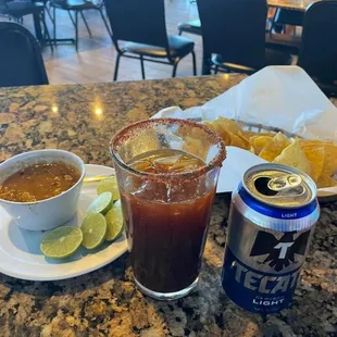Chips &amp; salsa, Tecate light michelada.  Shrimp cocktail not photo worthy.