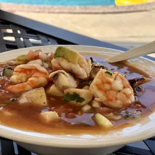 Campechana to go-!! Larger than usual shrimps.  Very tasty.!