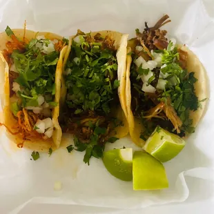 1 chicken and 2 carnitas tacos