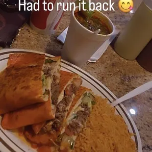 Beef Birria quesadilla w/ rice &amp; cosumé