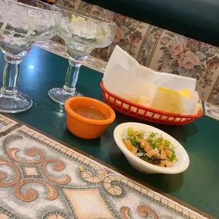 Pico de Gallo, chips, salsa, margaritas.