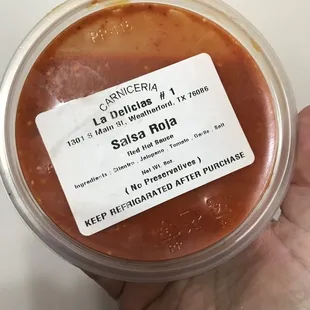 Spicy red salsa really good flavor and got a good kick to it