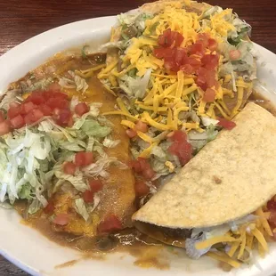 Combination #2 - cheese enchilada, bean tostada, beef taco (didn&apos;t like the meat so much).