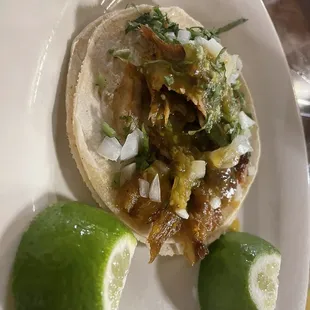 Pastor Taco.  Rojas Salsa added. Yum