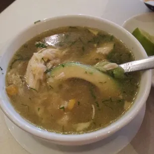 Aztec Soup (with shredded chicken, rice, and a few other ingredients)