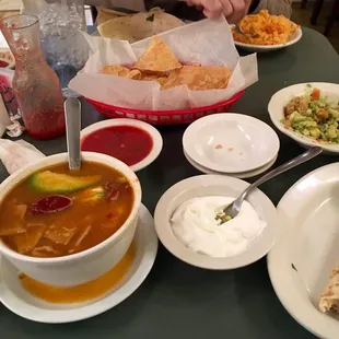 Tortilla soup with chips and salsa