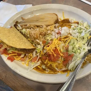 Beef taco, pork tamale, cheese enchalada