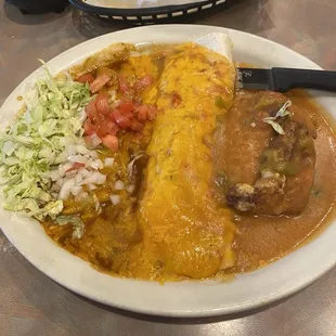 Cheese enchilada, beef burrito, chile relleno