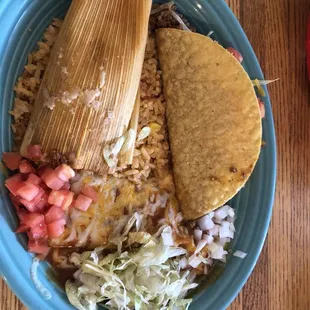 Beef Taco, Cheese Enchilada, Tamale