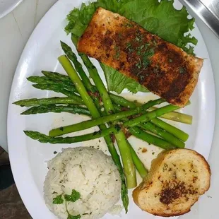 Salmon with lemon cilantro rice and asparagus