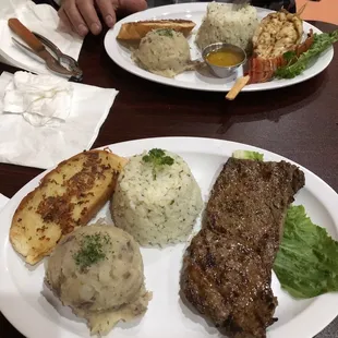 8oz steak  w/mashed potatoes and lemon cilantro rice Lobster  tail w/ mashed potatoes and lemon cilantro rice