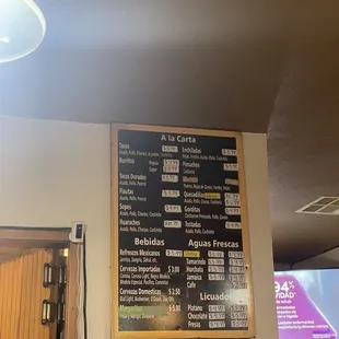 a menu on the wall