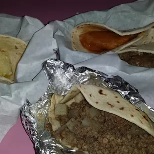 Picadillo, carne guisada, papa ranchero &amp; potato &amp; egg