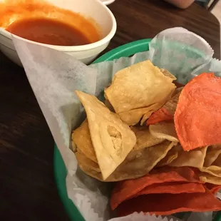  a bowl of salsa and tortillas