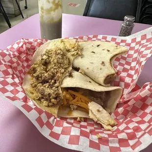 Chorizo and Egg, bean and chorizo, Carne Guisada with Cheese yummy