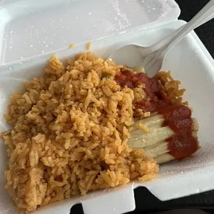 Two Chicken Tamales, Rice, and Spicy Salsa