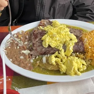 Chilaquiles con huevo y cecina.  Cecina &amp; eggs with chilaquiles.