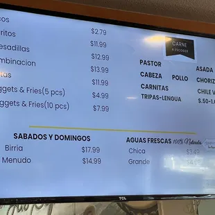 prices on the menu