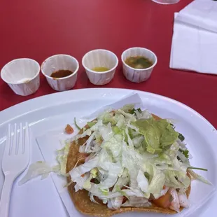 Shrimp tostada and four salsas