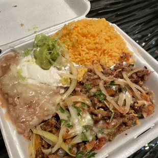 Beef  fajitas with rice and beans