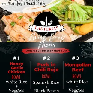 Menu for week of March 13th-17th. Call or text to order or visit us on Instagram @lasferiasmealprep