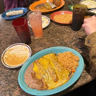 Enchiladas al carbon and stuffed avocado