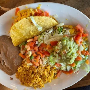 Crispy beef taco, chalupa, beans and rice.