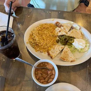 Quesadilla lunch special (with extra rice and charro beans instead of refried beans)