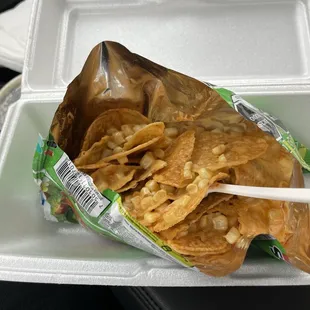 a take out container of food
