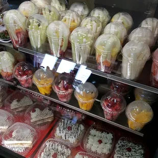 Fruits and desserts up front.