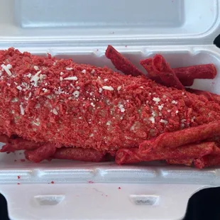 Elote takis (corn on the cob with mayo and takis). Usually comes with nacho cheese, but I just wanted the taki flavor.